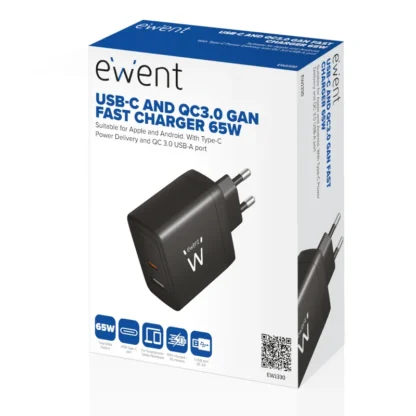 Ewent Cargador Rapido USB-A Y USB-C, GanFast, 65W